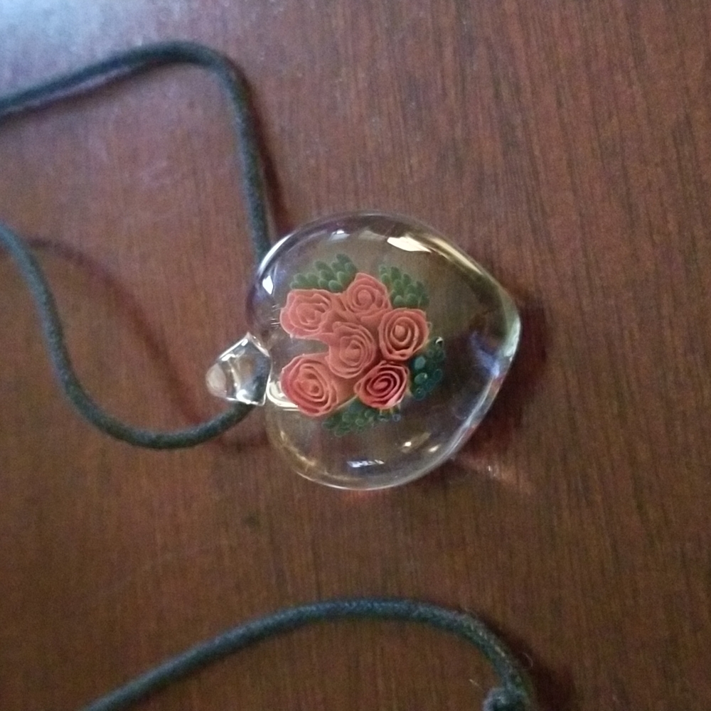 Glass Heart Rose Pendant Red Green